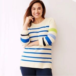 Talbots multi stripe crewneck high low sweater white green blue size XL
